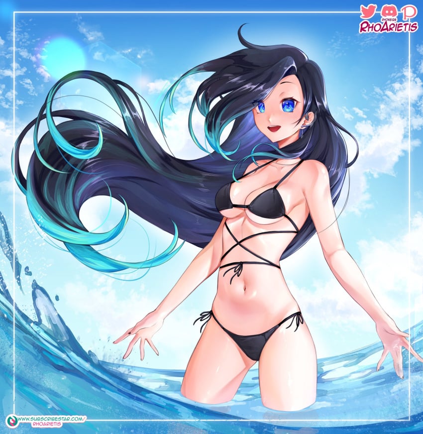 bikini bikini_bottom bikini_top black_hair blue_eyes blue_hair female human original_character pinup playful rhoarietis sea solo two_tone_hair water