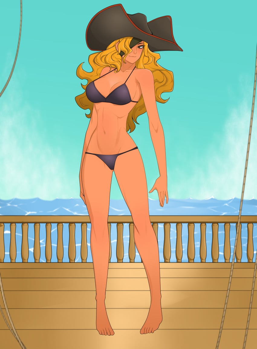 anoneysnufftan bandana bikini blonde_hair capcom female female_only long_hair marvel_vs._capcom marvel_vs._capcom_2 one_eye_covered pirate pirate_hat pirate_ship ruby_heart ship ship_deck smile solo standing swimsuit wooden_floor