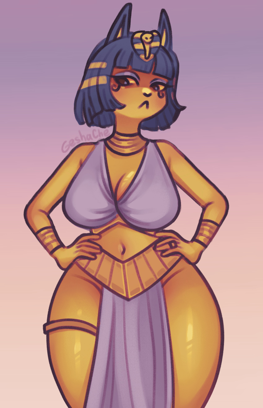 1girls animal_crossing ankha anthro ass big_breasts big_butt blue_hair breasts clothing domestic_cat egyptian_clothing felid feline felis female geshache hair harem_outfit hi_res mammal mature_female mommy_kink mother nintendo parent pinup pose video_games wide_hips yellow_body