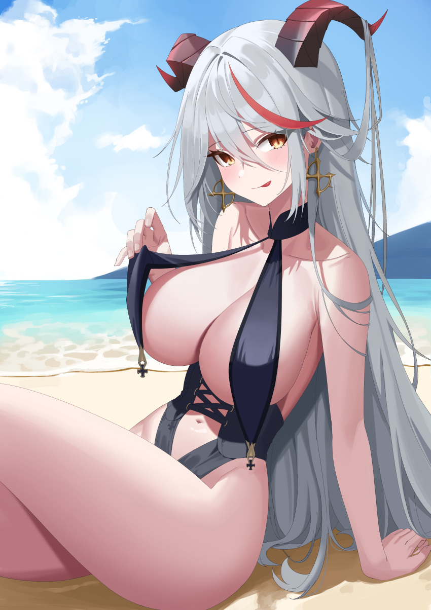 1girls 2022 :q absurdres aegir_(azur_lane) arm_support azur_lane bare_arms beach bikini_lift blue_sky blush breasts cleavage clothes_lift clothing_cutout cloud cloudy_sky collarbone cross-laced_clothes crossed_legs cute day earrings female female_focus female_only hair_on_horn highleg highleg_swimsuit highres horns jewelry large_breasts long_hair looking_at_viewer multicolored_hair narrow_waist navel ocean orange_eyes outdoors red_hair revealing_clothes sitting sky solo solo_female streaked_hair swimsuit thighs tongue tongue_out very_long_hair white_hair