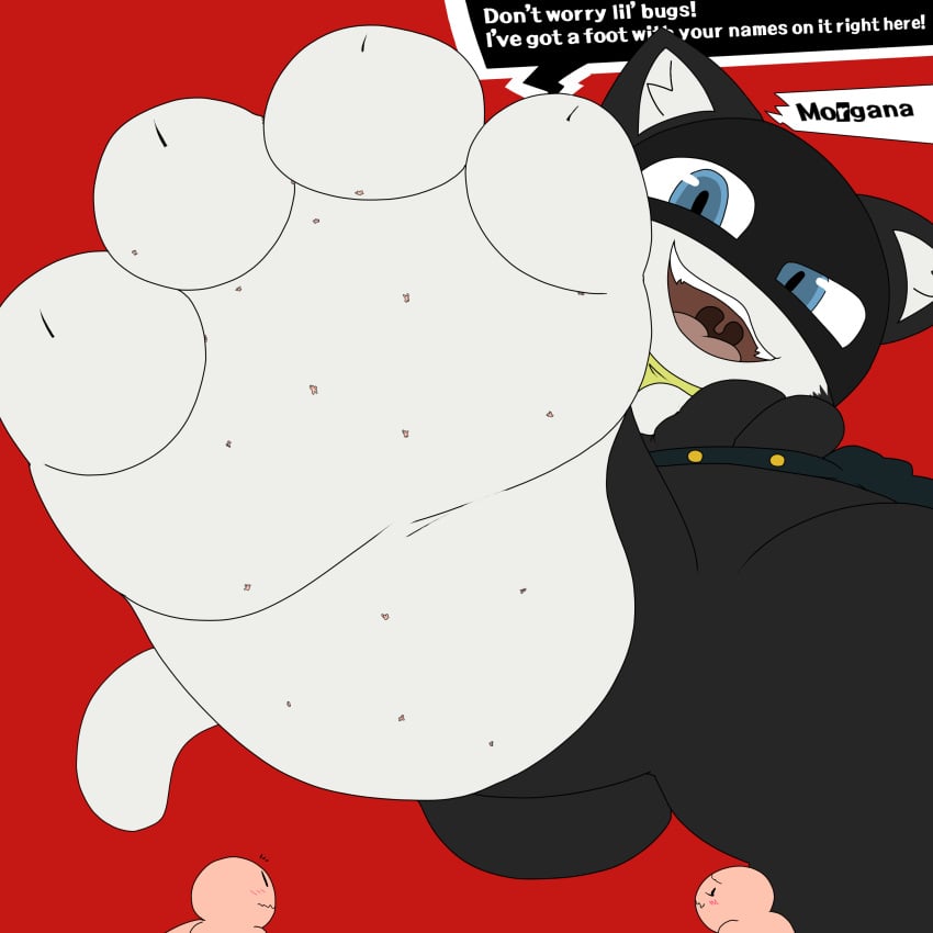 absurd_res anthro atlus blush dialogue domestic_cat dragotrashcan feet felid feline felis furry gentle_giant hi_res looking_down macro male male_focus male_only mammal megami_tensei megami_tensei_persona micro morgana_(persona) pawpads petplay playful roleplay size_difference smothering solo_male stomping text toe_curl toes video_games