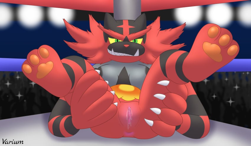 anus arms_bent audience bedroom_eyes bent_leg bent_legs bodily_fluids breasts camera_flash claws detailed_background digital_media_(artwork) feet felid female female_incineroar fighting_ring fingers floodlight fur genital_fluids genitals green_eyes group hair hi_res humanoid humanoid_genitalia incineroar looking_at_viewer lounging lying mammal narrowed_eyes nintendo nipples pawpads paws pokémon_(species) pokemon presenting pussy pussy_juice raised_foot red_body red_fur seductive smile smirk solo toes varium video_games yellow_eyes