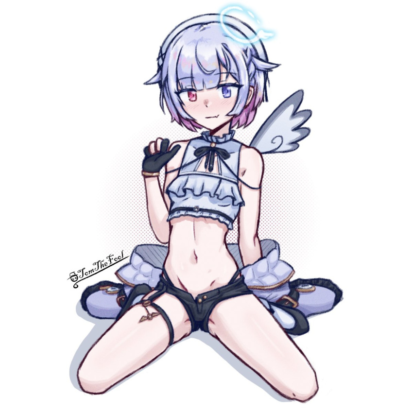 amemiya_nazuna angel angel_wings crop_top heterochromia shorts thighs tomthefool virtual_youtuber vshojo wings