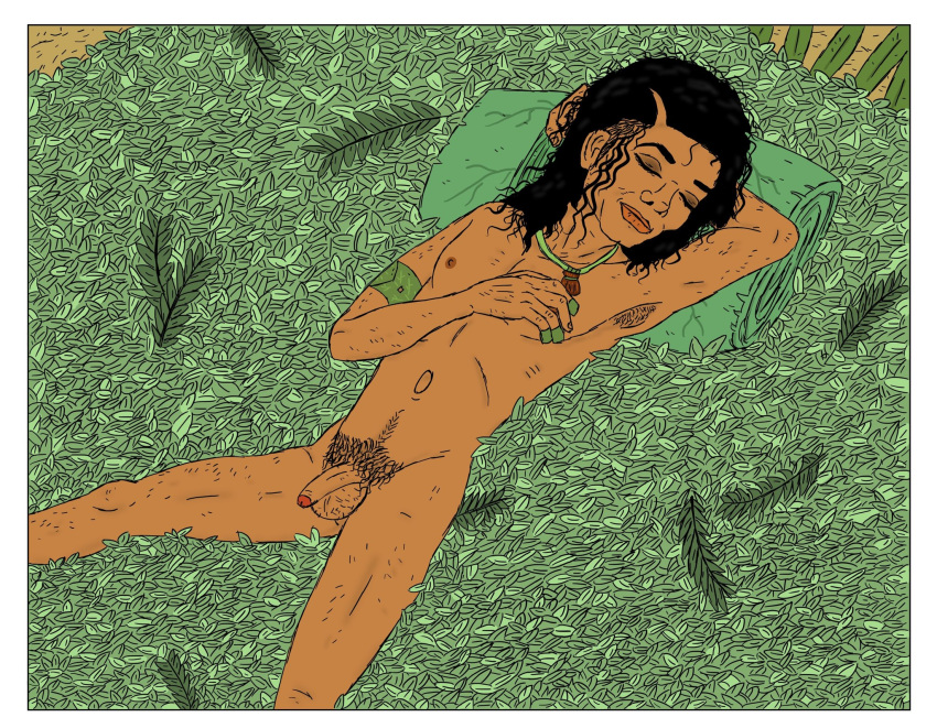 1boy 2022 arm_behind_head armband armpit_hair balls black_hair brown_skin cave celebrity closed_eyes curly_hair dark-skinned_male eyeshadow fanfiction flaccid foreskin hand_on_chest happy_trail jungle leaves legs_apart long_hair makeup male male_only michael_jackson mjs_wild_paradise musician necklace nude penis pillow plant pubic_hair real_person seashell sleeping solo