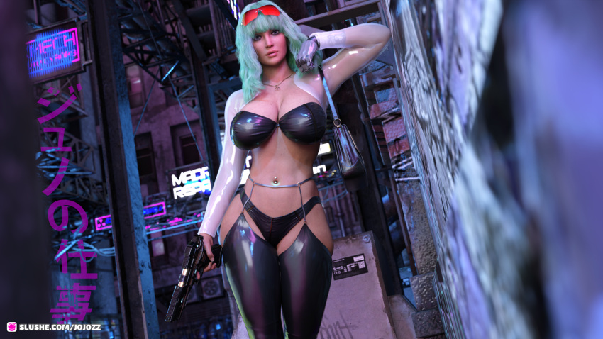 1girls 2022 3d black_panties black_thighhighs blue_hair city clothed clothing cyberpunk_2077 depth_of_field dutch_angle female female_only holding_gun holding_object holding_weapon huge_breasts jojozz looking_at_viewer mechanical_hand navel_piercing necklace outdoor outdoors outside robot_hand sci-fi science_fiction slushe_(website) solo solo_female standing thighhighs