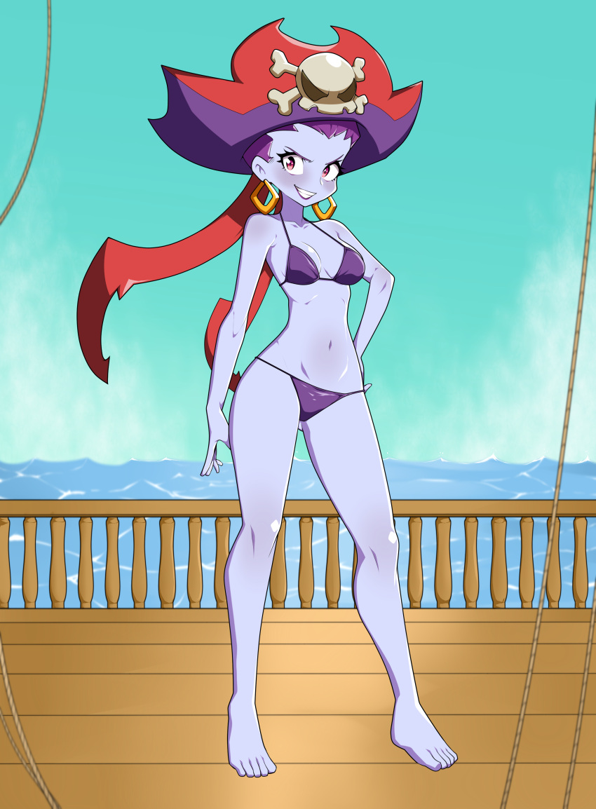 1girls bikini earrings female female_only pirate pirate_hat pirate_ship purple_hair purple_skin risky_boots shantae ship ship_deck smile solo standing swimsuit teasing wooden_floor