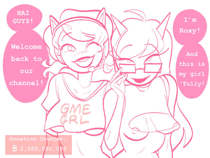 2girls cleavage cleavage_cutout crop_top dialogue homestuck latula_pyrope mostly_clothed multiple_girls nipple_slip roxy_lalonde streaming sunniepops text underboob winking_at_viewer