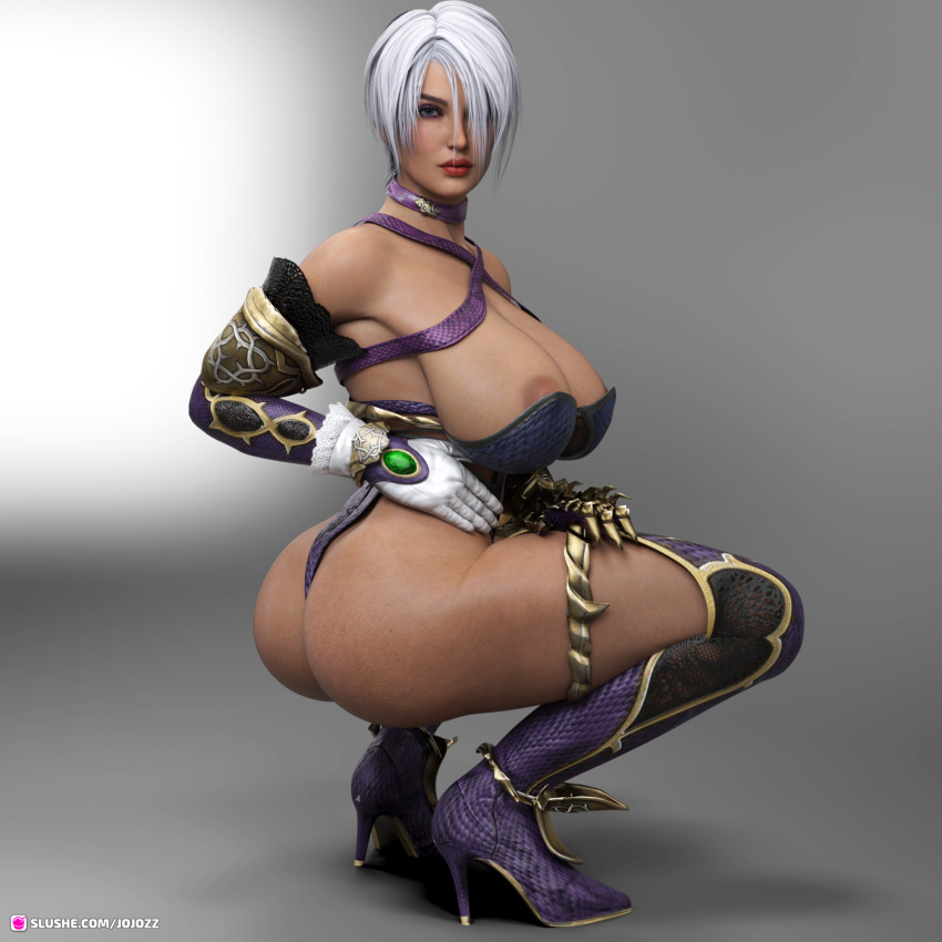 1girls 2022 3d boots fanart female female_only gradient_background gray_hair grey_hair high_heel_boots high_heels huge_breasts isabella_valentine jojozz short_hair slushe_(website) solo solo_female soul_calibur thighhigh_boots thighhighs white_hair