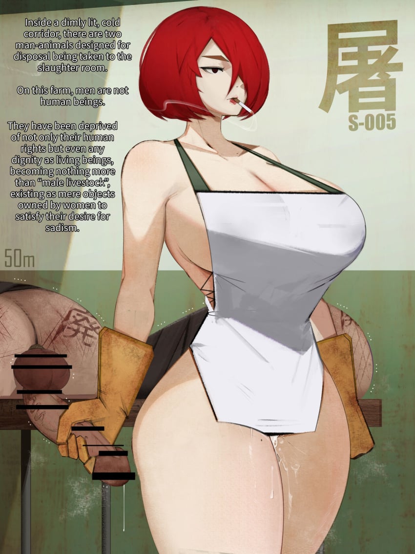 1girls 2boys bar_censor big_breasts breasts cattle censor_bar censored censored_penis censored_testicles cigarette datsuma69 dexter's_laboratory dexter's_mom english_text farm femdom gloves hair_over_one_eye human_cattle imminent_death partial_male red_hair rubber_gloves text