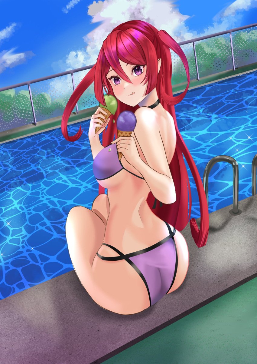 1girls 2022 ass bikini detailed detailed_background estebaneishon1 himea_d'almaria ice_cream light-skinned_female light_skin long_hair long_hair_female looking_at_viewer looking_back pool red_hair virtual_youtuber wactor wactor_es wactor_production