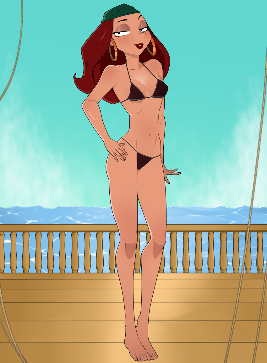 bandana bikini earrings elaine_marley female female female_only monkey_island pirate pirate_ship red_hair seductive ship ship_deck smile solo standing swimsuit teasing wooden_floor