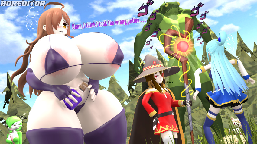 3d 4girls alternate_breast_size aqua_(konosuba) big_breasts blush boreditor breasts busty crossover curvy curvy_body curvy_female curvy_figure curvy_hips dialogue female flustered forest forest_background frog gardevoir high_resolution highres huge_breasts hyper hyper_breasts kono_subarashii_sekai_ni_shukufuku_wo! large_breasts megumin meme menacing menacing_(disambiguation) menacing_(jojo) menacing_(meme) multiple_girls nintendo pokemon pokemon_(species) potion potion_bottle purple_bikini purple_panties source_filmmaker string_bikini text thick_thighs thighhighs wiz_(konosuba)