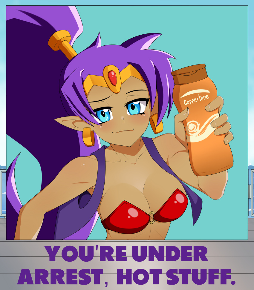 arrest bikini_top blue_eyes bottle coppertone dark-skinned_female dark_skin earrings female female_only gold_jewelry jewelry killer_lotion long_hair lotion lotion_bottle ponytail purple_hair shantae shantae_(character) ship_deck smug solo sunscreen text upper_body