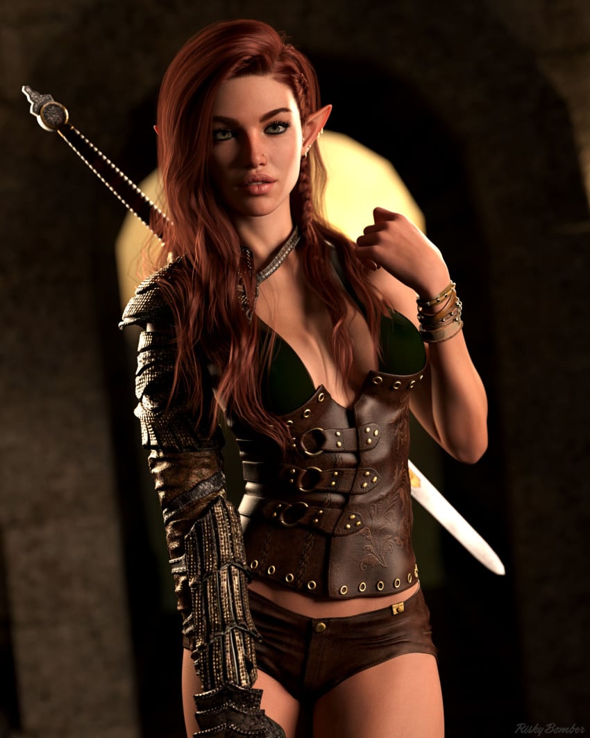 1girls 2022 3d armor asymmetrical_armwear asymmetrical_clothes asymmetrical_gloves black_nail_polish black_nails brown_hair clothed clothing depth_of_field earrings elf elf_ears fantasy female female_only fingerless_gloves gloves kneehighs large_breasts leather_armor light_brown_hair looking_at_viewer pointy_ears riskybomber slushe_(website) solo solo_female standing