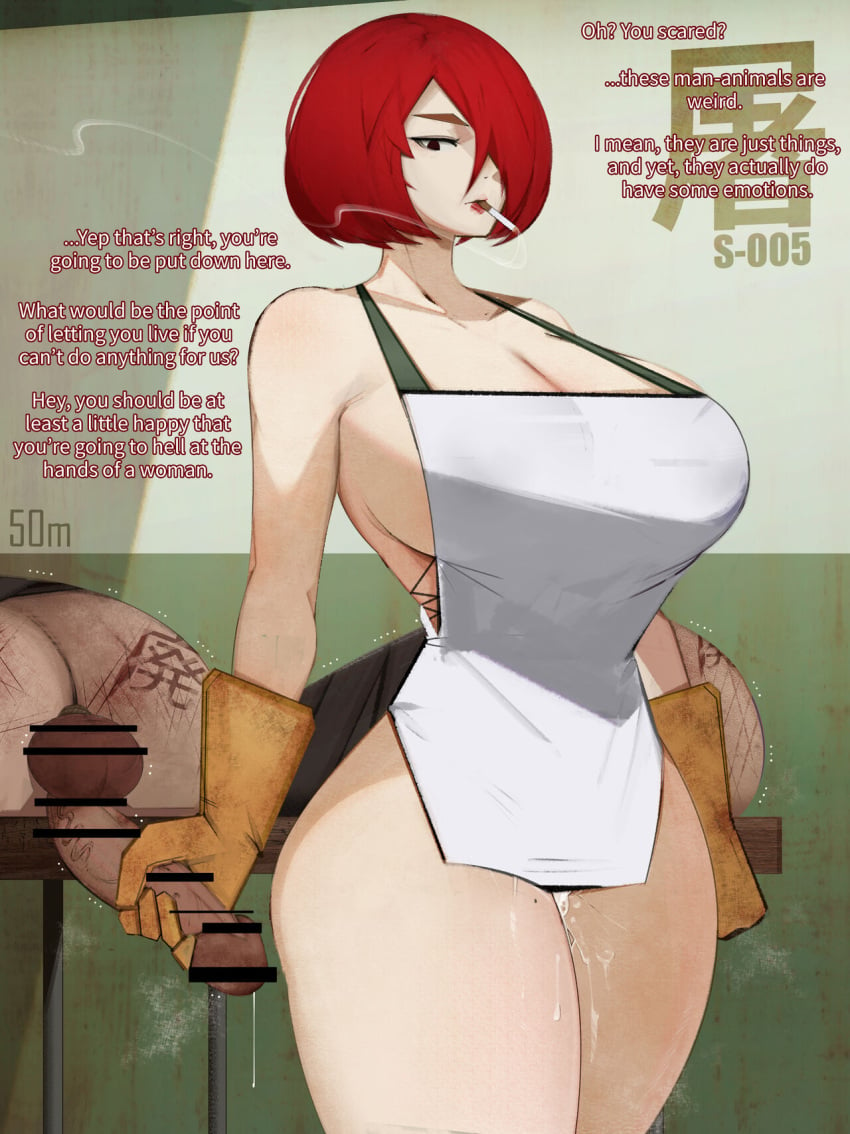 1girls 2boys bar_censor big_breasts breasts cattle censor_bar censored censored_penis censored_testicles cigarette datsuma69 dexter's_laboratory dexter's_mom english_text farm femdom gloves hair_over_one_eye human_cattle imminent_death partial_male red_hair rubber_gloves text