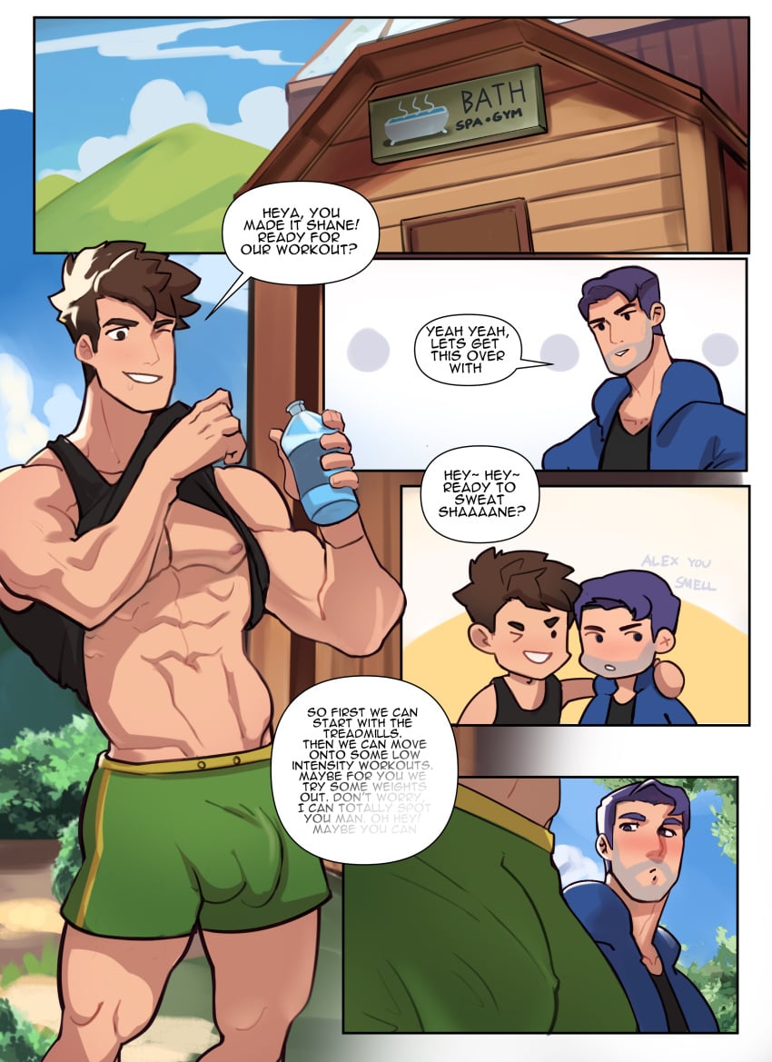 2boys alex_(stardew_valley) bara blush brown_hair bulge clothed clothing comic english_text gay kaito_draws male_only muscular muscular_male purple_hair shane_(stardew_valley) shorts speech_bubble stardew_valley yaoi