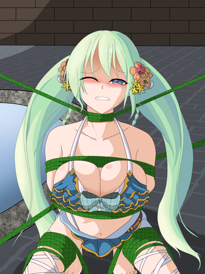 asphyxiation blue_eyes bondage chika_(princess_connect!) green_hair medium_breasts princess_connect! princess_connect!_re:dive teal_hair