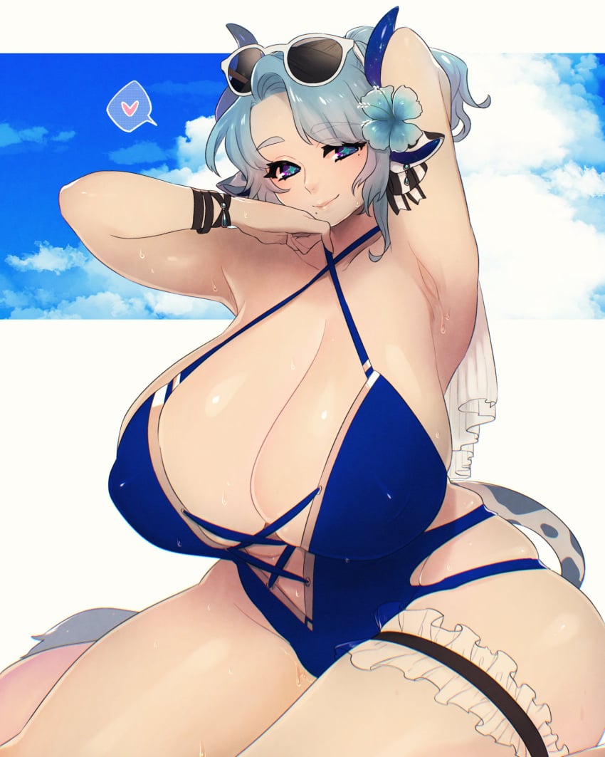 big_breasts blue_hair breasts cow_ears cow_horns female huge_breasts indie_virtual_youtuber mid_skb miilkywayz swimsuit tagme virtual_youtuber