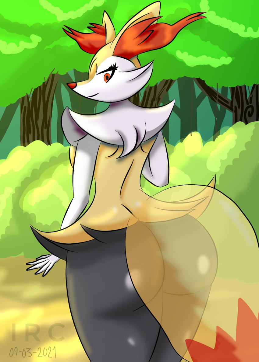 absurd_res anthro ass big_butt braixen canid canine clothing curvaceous curvy_figure female hi_res irc_(artist) mammal nintendo pinup pokémon_(species) pokemon pokemon_(species) pose presenting rear_view solo thick_thighs video_games voluptuous