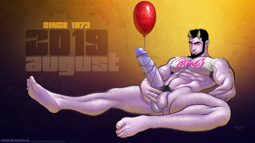 1boy abs balloon big_penis class_comics crop_top deimos_(class_comics) demon demon_horns facial_hair horns male male_focus male_only muscles muscular nude patrick_fillion penis_wrap purple_skin solo solo_male veiny_penis