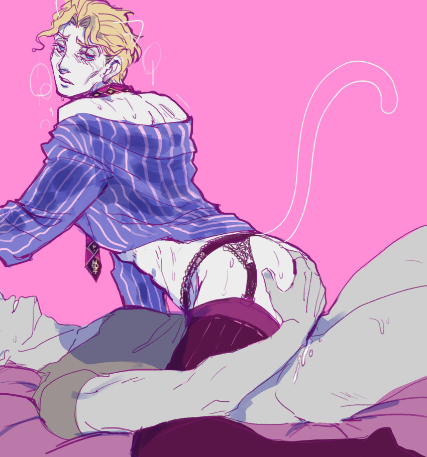 2boys adsword anal anal_fingering anal_penetration blonde_hair blue_eyes blush bottom_on_top cat_ears cat_tail catboy diamond_is_unbreakable dress_shirt fingering fingering_ass flushed gay gay_anal gay_sex implied_anal implied_sex jojo's_bizarre_adventure lingerie looking_at_viewer male male_in_lingerie male_only male_penetrating_male open_shirt riding_penis tagme thighhighs tie unbuttoned_shirt yaoi yoshikage_kira