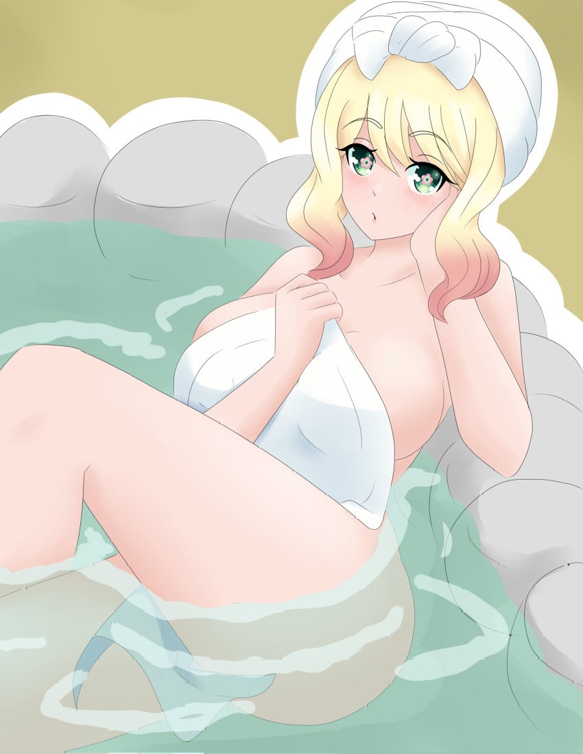 big_breasts blonde_hair breasts cleavage flower_shaped_pupils green_eyes hanami_arisa hand_on_face indie_virtual_youtuber looking_at_viewer nude nude_female onsen thighs towel towel_covering_breasts towel_on_head towel_only virtual_youtuber xander_(artist) yellow_hair