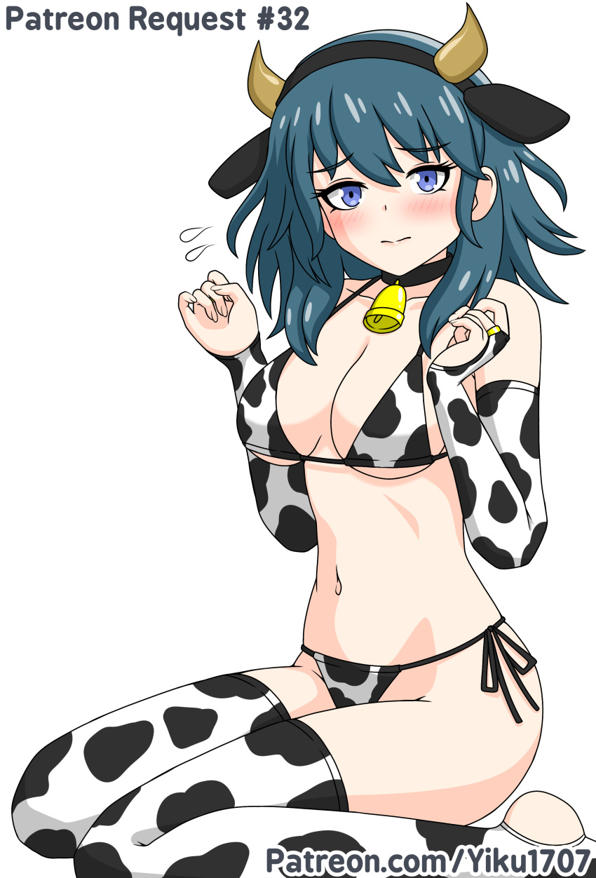 1girls blue_eyes breasts byleth_(fire_emblem) byleth_(fire_emblem)_(female) cow_girl cow_print cow_print_bikini female female_only fire_emblem fire_emblem:_three_houses frown kneeling looking_at_viewer medium_breasts medium_hair nintendo solo teal_hair thighhighs underboob yiku1707