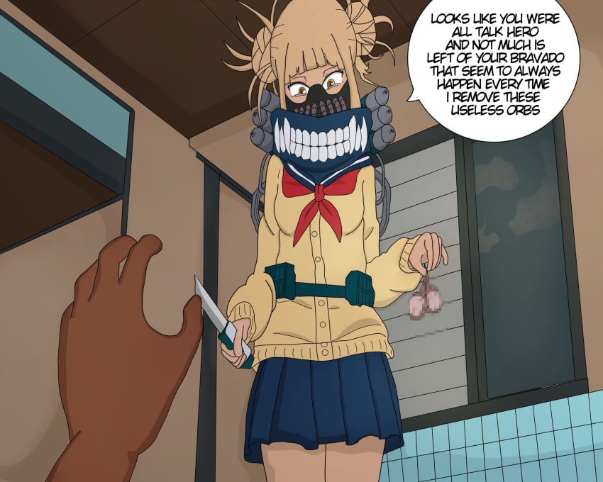 1girls black_text blonde_hair castration censored censored_testicles cock_and_ball_torture english_text femdom guro himiko_toga mosaic_censoring my_hero_academia noviceartist text text_bubble