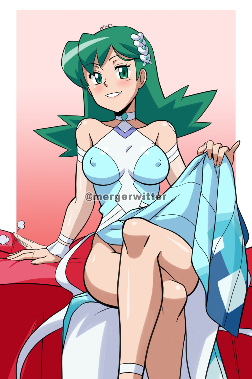 1girls blush breasts collarbone feet_out_of_frame green_eyes green_hair halter_dress halterneck human_only inviting kris_(pokemon) looking_at_viewer medium_breasts mergeritter nintendo nipple_bulge nipples official_alternate_costume pokemon pokemon_gsc pokemon_masters pokemon_masters_ex signature sitting skirt skirt_lift smile sygna_suit_kris teeth twitter_username