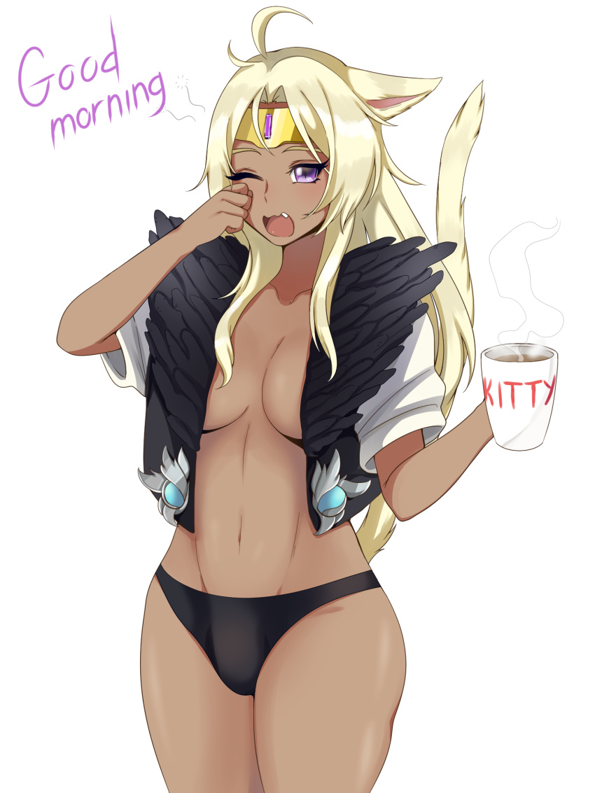 1futa animal_ears black_panties blonde_hair breasts cat_ears cat_tail catgirl clepovicka clothed clothing coffee dark-skinned_futanari dark_skin final_fantasy final_fantasy_xiv futa_only futa_sans_pussy futanari humanoid intersex jewelry kemonomimi l'fah_morcant miqo'te mostly_nude original original_artwork original_character panties purple_eyes rubbing_eyes seeker_of_the_sun simple_background sleepy solo standing vest white_background yawn