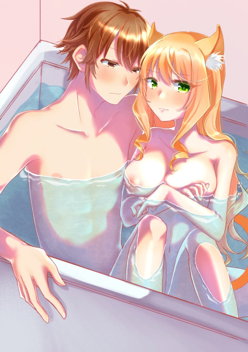 1girls bath bathing bathroom bathtub big_breasts blush breasts brown_hair cat_ears cat_tail catgirl female green_eyes inner_ear_fluff kashou_(sayori) long_hair looking_at_viewer male male/female maple_(sayori) naked neko nekomimi nekopara nipples nude nude_female nude_male orange_hair orange_tail tail water 丫すみな。