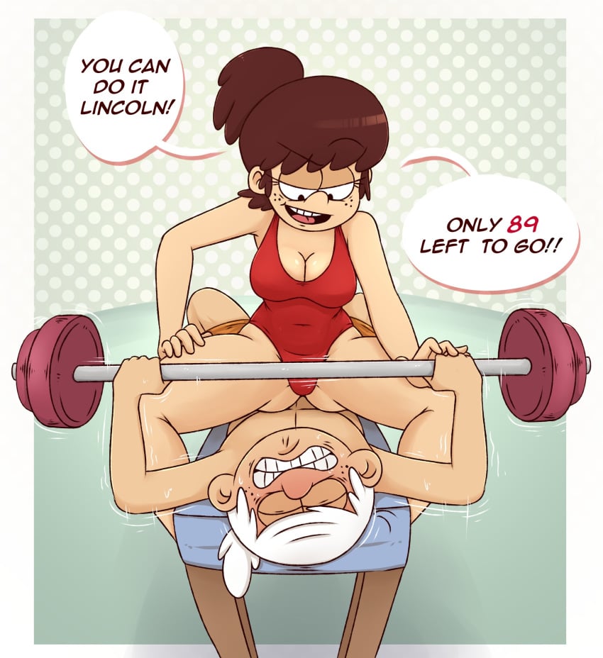 breasts brother_and_sister brown_hair cowgirl_position drawsoyeah exercise leotard lifting_weights lincoln_loud lynn_loud nickelodeon older_sister spread_legs the_loud_house white_hair younger_brother