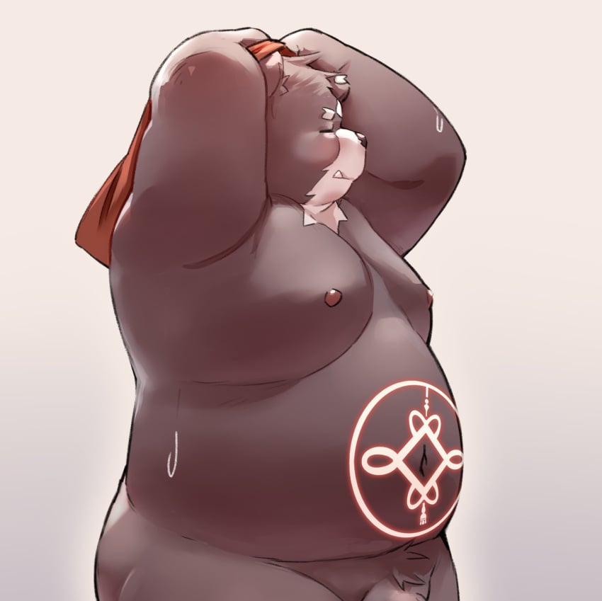 2022 anthro belly big_belly black_nose blush closed_eyes genitals hi_res humanoid_hands kemono male mammal moobs nipples overweight overweight_male penis simple_background solo ursid yimingsama