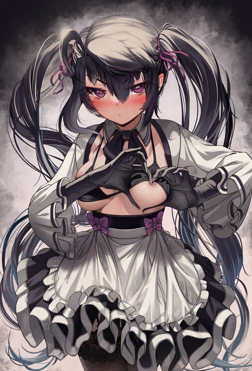 1girls 2022 black_hair breasts female female_only heart_hands light-skinned_female light_skin long_hair maid_bikini maid_outfit maid_uniform medium_breasts original original_character petite priite_hari_(torriet) purple_eyes torriet