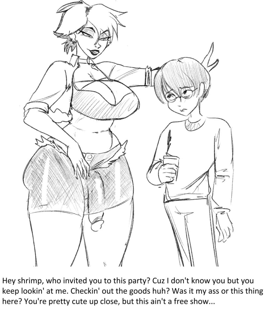 1boy 1futa 2021 big_breasts big_penis caption clothed clothing dialogue duo english_text fully_clothed futa_on_male futanari human larger_futanari male male_on_futa monochrome mostly_clothed nightpickle penis rissa_(nightpickle) ronald_(nightpickle) size_difference sketch smaller_futanari standing text thick_thighs wide_hips