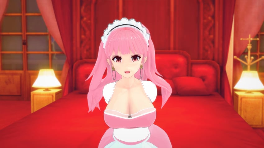 1girls 3d alternate_costume bangs breasts cleavage earrings female female_only fire_emblem fire_emblem:_three_houses hilda_valentine_goneril indoors large_breasts looking_at_viewer maid mrqwerty nintendo open_mouth pink_eyes pink_hair ponytail smile solo