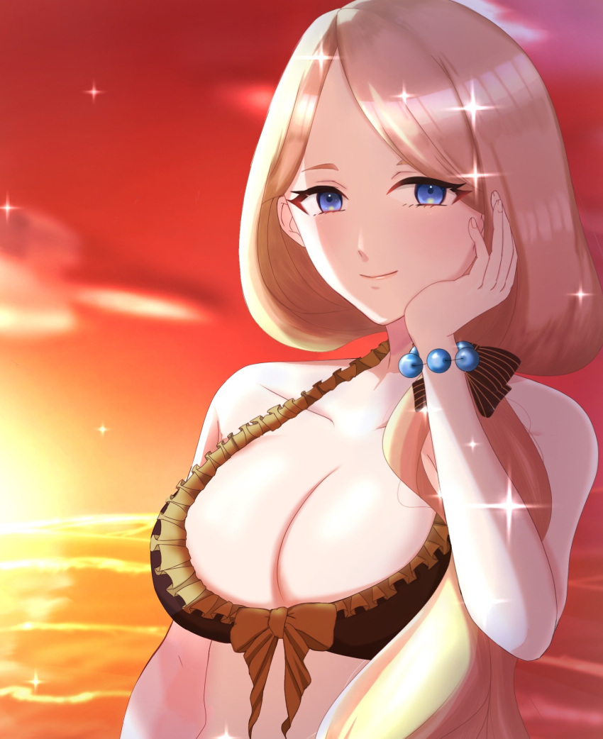 alternate_costume bikini blonde_female blonde_hair breasts brown_bikini brown_swimsuit cleavage female female_only fire_emblem fire_emblem:_three_houses fire_emblem_heroes long_hair looking_at_viewer mercedes_von_martritz mercedes_von_martritz_(summer) nintendo official_alternate_costume side_ponytail solo swimsuit watafe_kn