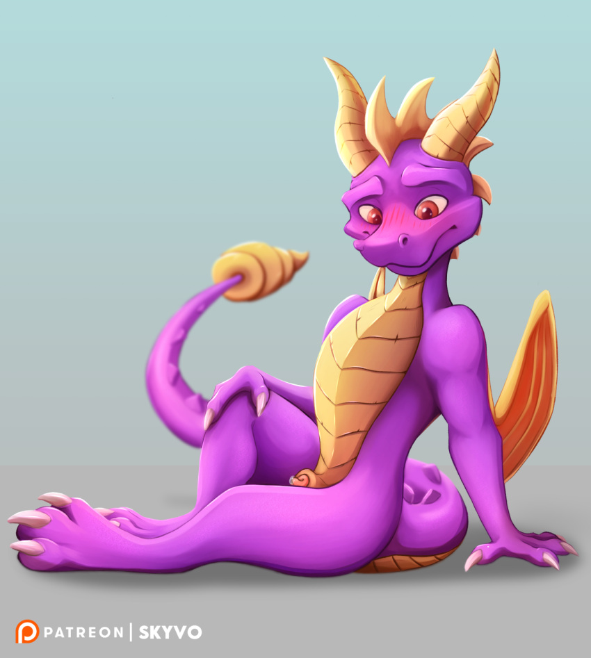 activision animal_genitalia anthro blush bodily_fluids claws dragon genital_fluids genitals hi_res horn male membrane_(anatomy) membranous_wings penis poking_out purple_body scalie sheath skyvo solo spyro spyro_the_dragon video_games western_dragon wings