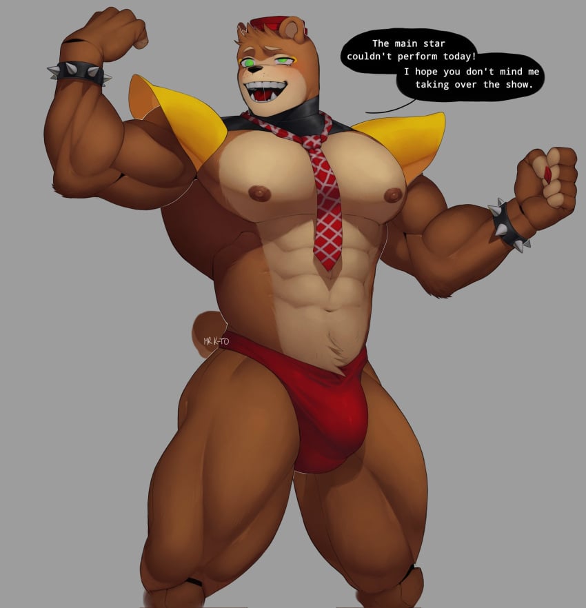 1boy 2022 5_fingers animatronic anthro areola bara biceps big_pecs bracelet bulge clothing dialogue english_text fingers five_nights_at_freddy's freddy_fazbear's_pizzeria_simulator fur gay green_eyes hat headgear headwear hi_res jewelry kato200_0 machine male male_only mammal man_boobs moobs multicolored_body multicolored_fur muscular muscular_anthro muscular_male necktie nedd_bear nipples open_mouth pecs robot scottgames shoulder_pads signature solo speech_bubble spiked_bracelet spikes teeth text tongue tuft two_tone_body two_tone_fur underwear ursid video_games