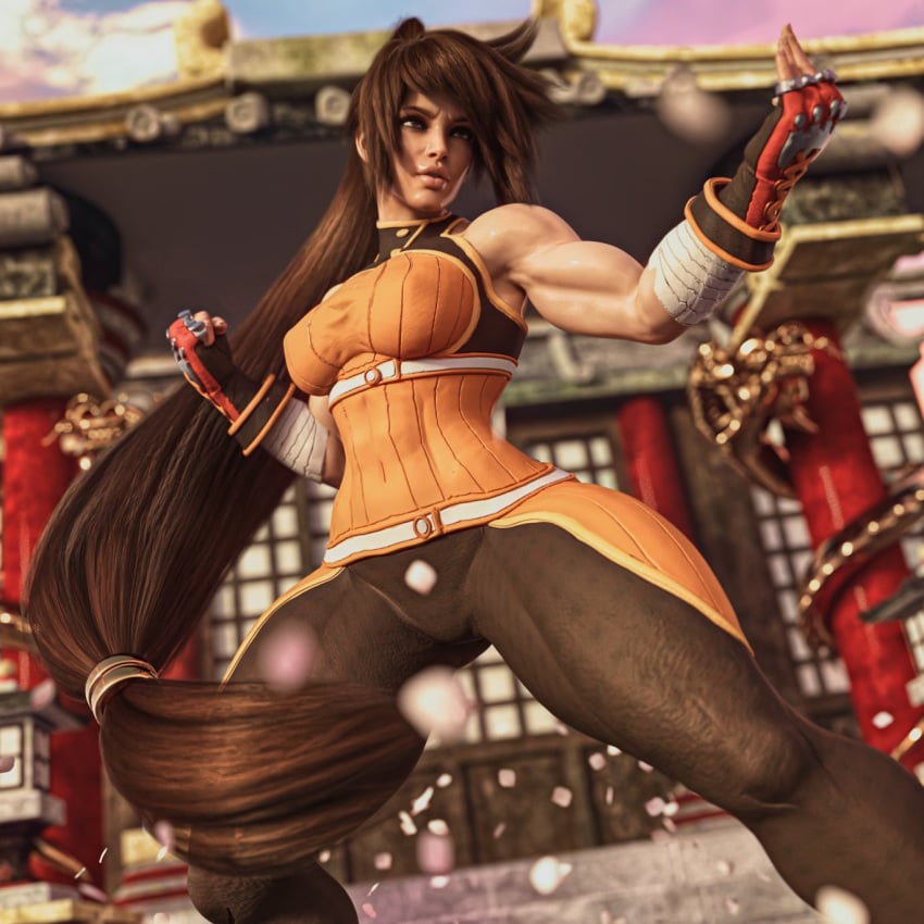 3d big_breasts dnf_duel dungeon_fighter_online female female_only long_hair long_ponytail no_sleeves squarepeg3d striker_(dungeon_and_fighter) tight_clothing tight_pants toned_body toned_female