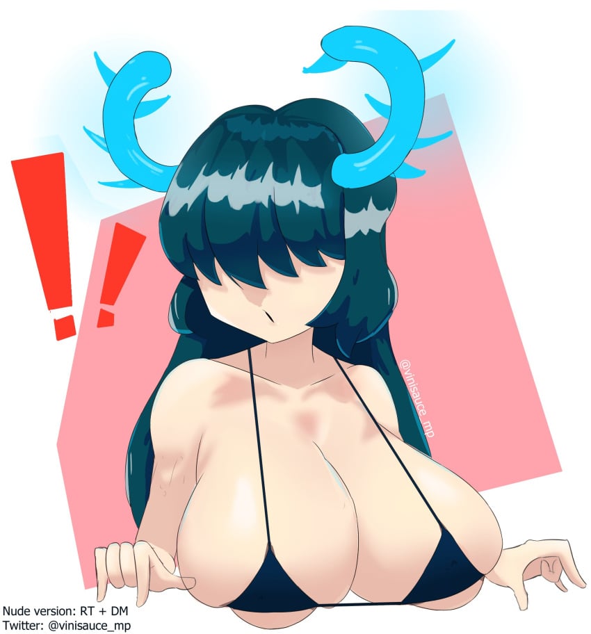 !! 1girls artist_name big_breasts bikini blue_horns bra breast_squish breasts dark_blue_hair exclamation_point eyes_covered female hair_covering_eyes hair_over_eyes horns large_breasts long_hair milf minecraft open_mouth swimsuit vinisauce_mp vinisaucemp warden_(minecraft)