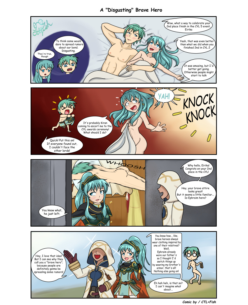 1boy 1girls after_sex alternate_costume alternate_hairstyle blue_eyes blue_hair breasts brother_and_sister caught comic completely_nude cosplay costume_switch covering ctl_fish earrings eirika_(fire_emblem) eirika_(pledged_restorer)_(fire_emblem) english_text ephraim_(fire_emblem) ephraim_(fire_emblem)_(cosplay) female fire_emblem fire_emblem:_the_sacred_stones fire_emblem_heroes funny humor incest kiran_(fire_emblem) long_hair meme nintendo nude nude_female official_alternate_costume official_alternate_hairstyle open_mouth ponytail public public_nudity siblings small_breasts sound_effects text twins walk-in