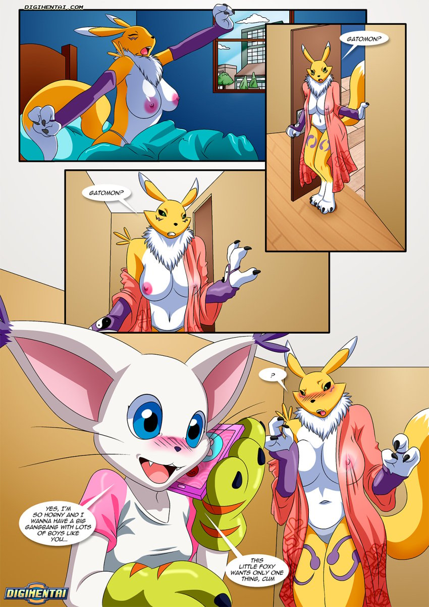 babydoll big_breasts blush comic dialogue digihentai digimon digimon_(species) digimon_adventure digimon_tamers dirty_gamers female gatomon palcomix phone phone_call renamon string_bikini string_panties