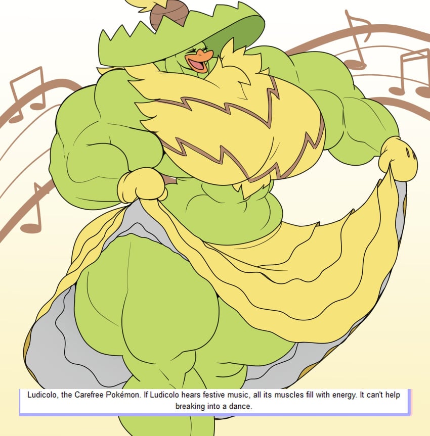 1girls anthro anthro_only avian beak dancing dress dress_lift english english_text eyes_closed female forsakun generation_3_pokemon green_body happy ludicolo mouth_open muscle_fetish muscles muscular muscular_arms muscular_female muscular_thighs music_notes musical_note no_humans pokedex_entry pokemon pokemon_(species) text thighs