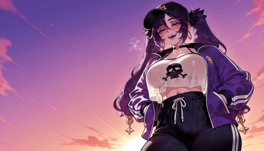 1girl 1girls ai_generated alternate_breast_size alternate_costume balecxi baseball_cap black_choker black_pants blush breasts breath choker clothing cloud collarbone crop_top crop_top_overhang curvaceous curvaceous_female curvaceous_figure curvy curvy_figure earrings female female_focus from_below genshin_impact gradient_sky green_eyes hair_ornament hair_ribbon half-closed_eyes hands_in_pockets hat headwear hoop_earrings hoyoverse jacket jewelry large_breasts long_hair long_sleeves looking_at_viewer midriff mihoyo mona_(genshin_impact) open_clothes open_jacket open_mouth outdoors pants pink_sky purple_hair purple_jacket purple_sky see-through sky smile solo star_(sky) star_(symbol) sunset twintails voluptuous voluptuous_female yoga_pants