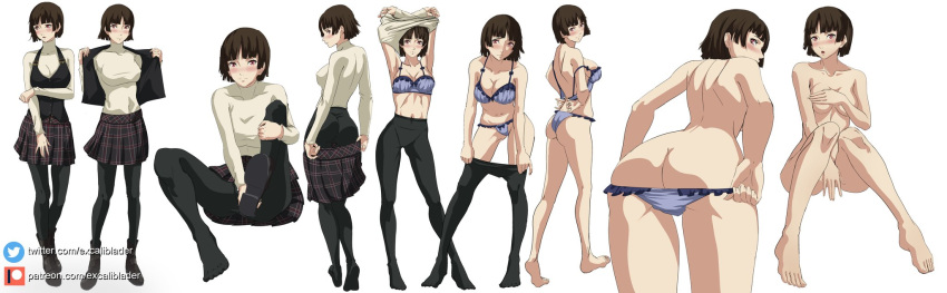 1girls ass atlus big_ass big_breasts black_skirt blue_bra blue_panties blush bottomwear bra breasts brown_eyes brown_hair cleavage clothing covered_nipples covering_crotch dat_ass embarrassed embarrassed_nude_female excaliblader feet female female_only full_body fully_clothed hair leggings legs makoto_niijima multiple_views naked naked_female nude nude_female panties_down persona persona_5 skirt solo solo_female strip_game stripping taking_clothes_off thighs topwear undressed undressing white_background