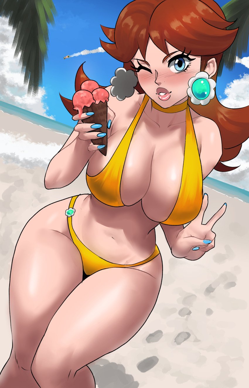 1girls 2022 absurd_res background_character bikini bimbo blue_eyes breasts echosaber female female_only food hips holding_object huge_breasts ice_cream long_hair luigi mario_(series) nintendo orange_hair outdoors princess_daisy slim_waist thick_lips thick_thighs thighs wide_hips