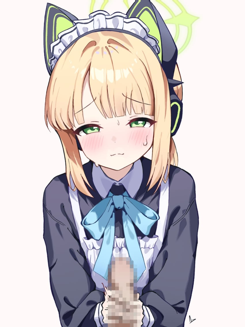 1boy 1girl animal_ear_headphones animal_ears apron black_dress blonde_hair blue_archive blue_bow blue_bowtie blush borrowed_clothes bow bowtie cardcat_00 cat_ear_headphones cat_ears censored closed_mouth collared_dress commentary_request dress fake_animal_ears frilled_apron frills green_eyes green_halo halo handjob headphones highres long_sleeves looking_at_viewer maid maid_apron maid_headdress midori_(blue_archive) midori_(maid)_(blue_archive) mosaic_censoring official_alternate_costume penis short_hair sidelocks simple_background solo_focus sweatdrop upper_body white_apron white_background