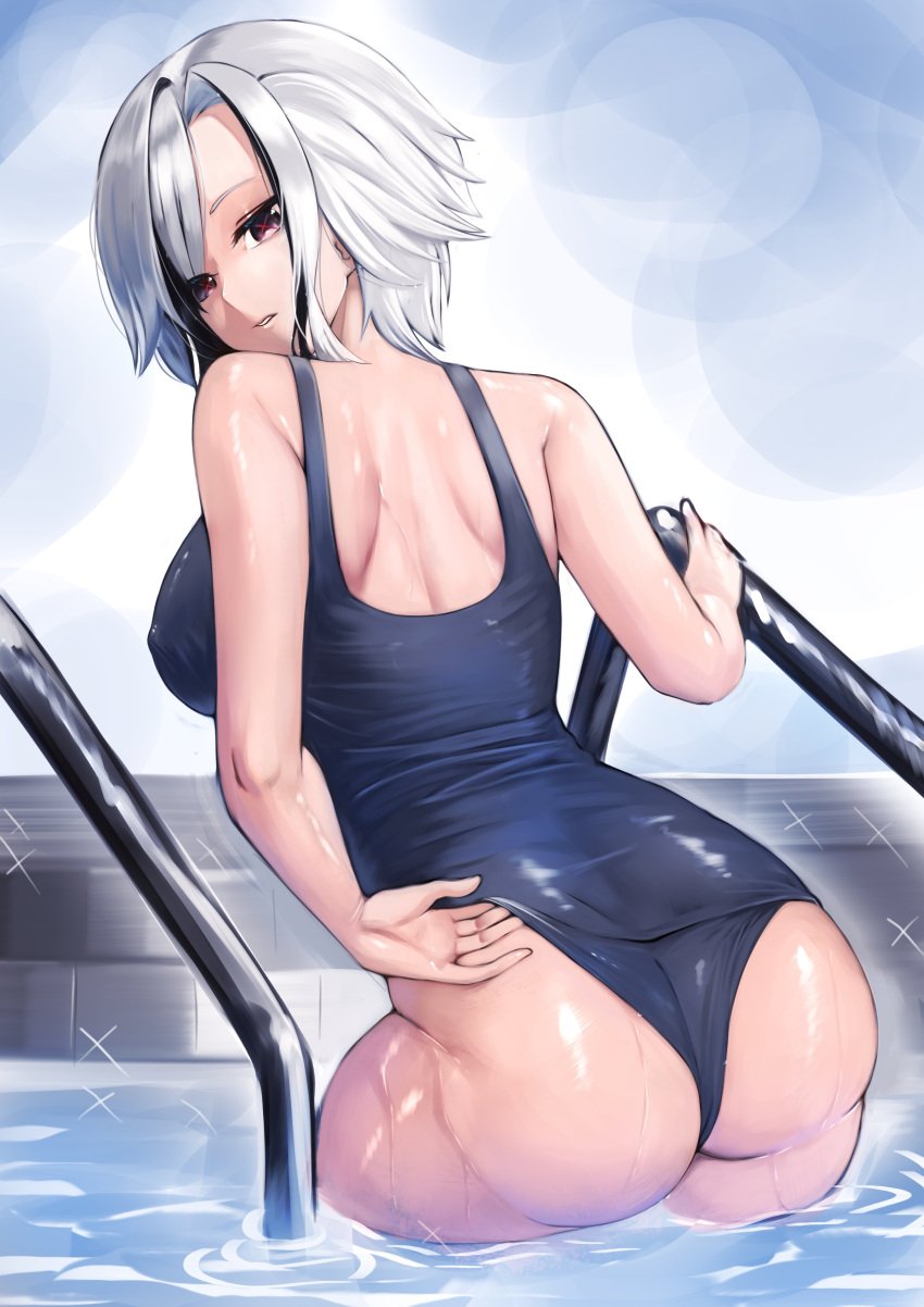 1girls arlecchino_(genshin_impact) ass back bikini breasts cloverse6 dat_ass female from_behind genshin_impact hi_res looking_at_viewer one-piece_swimsuit pool short_hair swimsuit water wet wet_skin white_hair