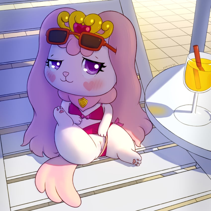 2022 beverage bikini bikini_aside blush body_blush canid canine canis chibi clothing clothing_aside crown digital_media domestic_dog eyewear eyewear_on_head female feral genitals glasses go!_princess_precure hair heart heart_(marking) hi_res hindpaw kemono long_ears mammal outside pafu_(pretty_cure) pawpads paws pink_hair poolside pretty_cure purple_eyes pussy pussy_blush pyritie reclining semi-anthro smile smug solo spread_legs spreading straw sunglasses sunglasses_on_head swimsuit swimwear swimwear_aside tiara white_body